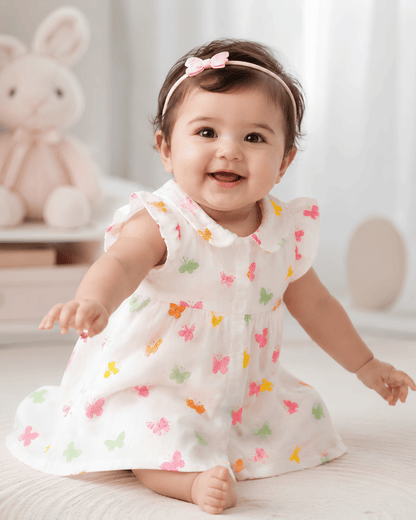 Todlerry Baby Girl White Butterfly Print Cotton Collar Frock with Flutter Sleeves