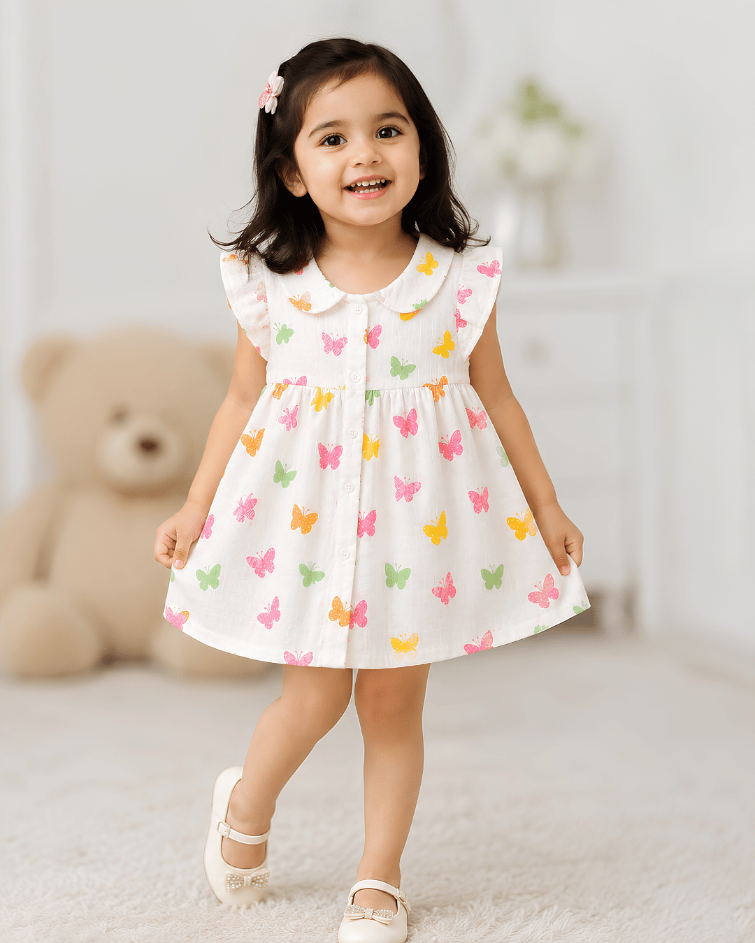 Todlerry Baby Girl White Butterfly Print Cotton Collar Frock with Flutter Sleeves