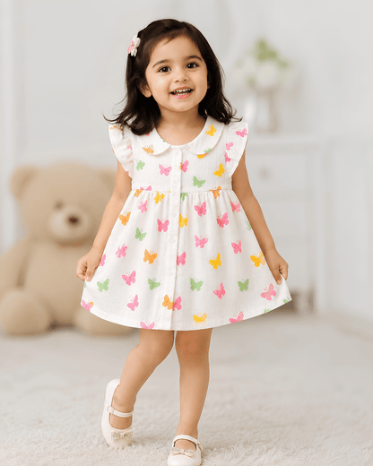 Todlerry Baby Girl White Butterfly Print Cotton Collar Frock with Flutter Sleeves