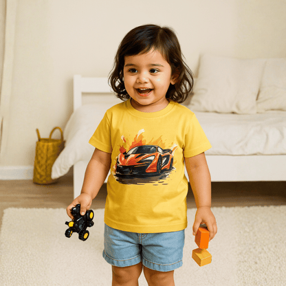 Boys Cotton T-Shirt Mustard Car Print Soft & Breathable 100% Cotton