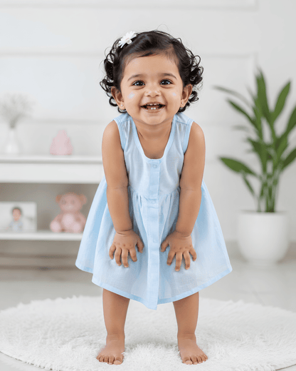 Premium Blue Muslin Sleeveless Frock – 100% Organic Cotton Baby Dress
