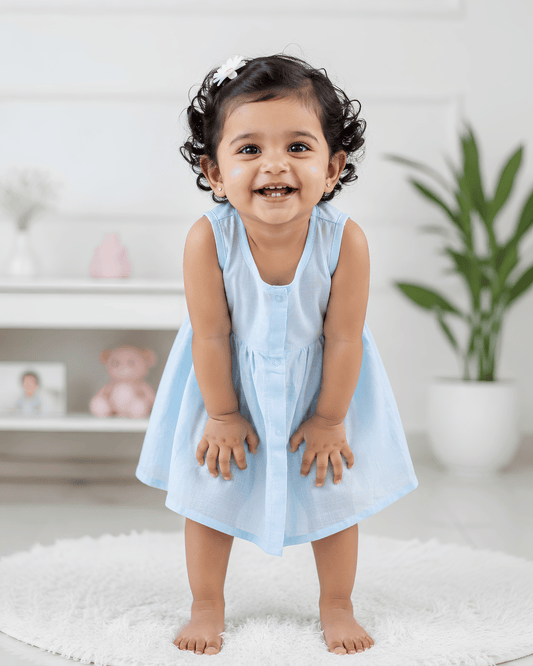 Premium Blue Muslin Sleeveless Frock – 100% Organic Cotton Baby Dress
