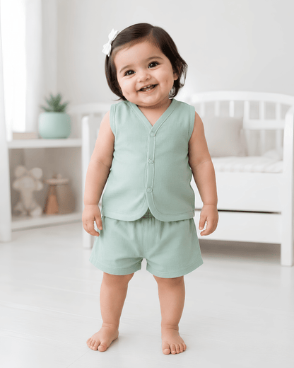 Soft Cotton Baby Mint Colour Jhabla & Shorts Set