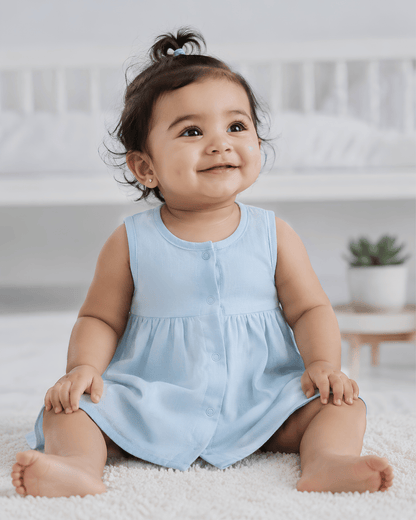 Premium Blue Muslin Sleeveless Frock – 100% Organic Cotton Baby Dress