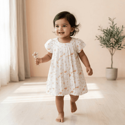 Soft Cotton Peach Bird Printed Frock for Baby Girls - Comfortable Summer Dress