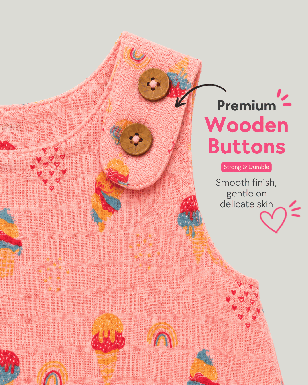 Todlerry Baby Girl Pink Ice Cream Print Cotton A-Line Dress with Shoulder Buttons