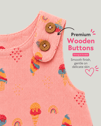Todlerry Baby Girl Pink Ice Cream Print Cotton A-Line Dress with Shoulder Buttons