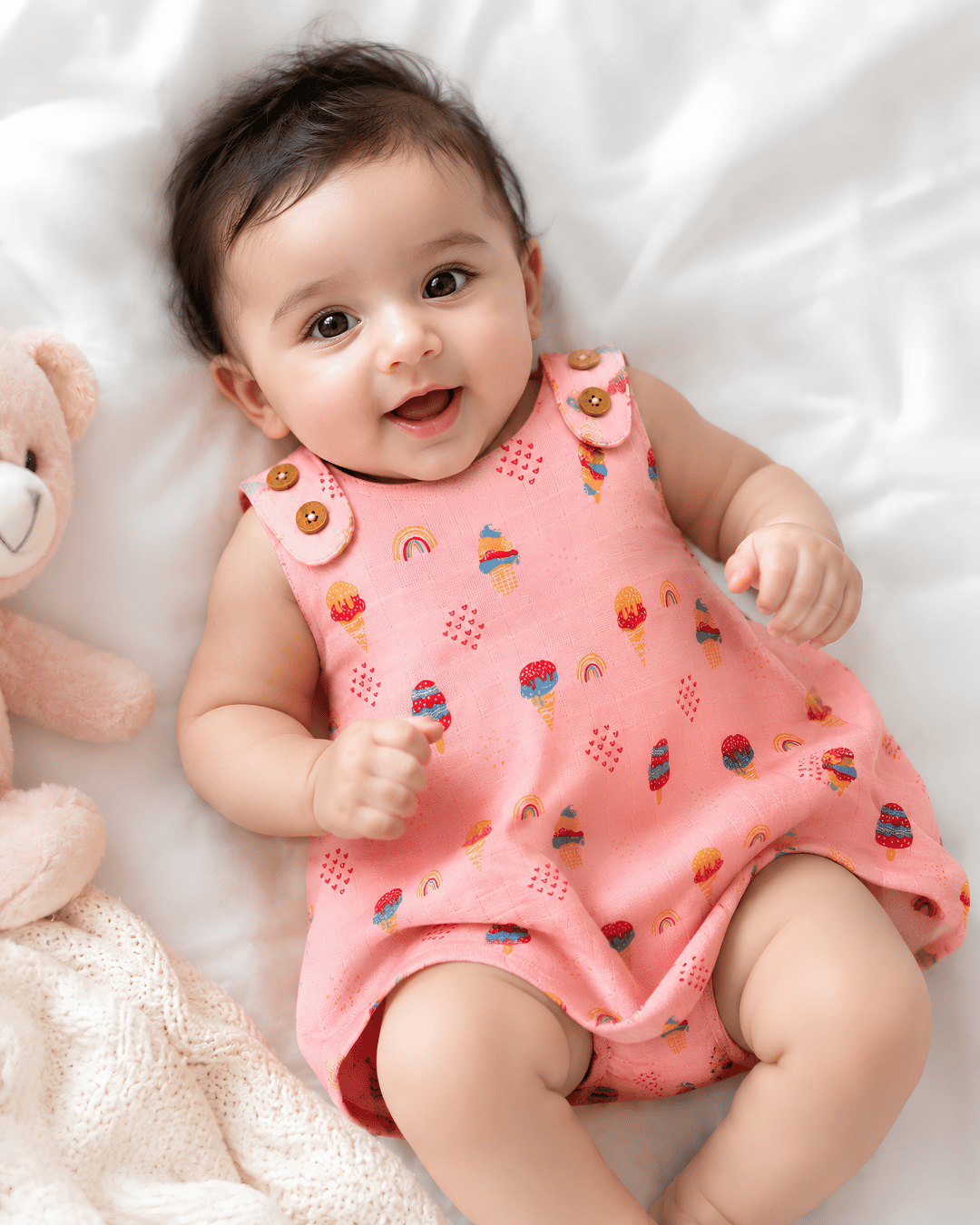Todlerry Baby Girl Pink Ice Cream Print Cotton A-Line Dress with Shoulder Buttons