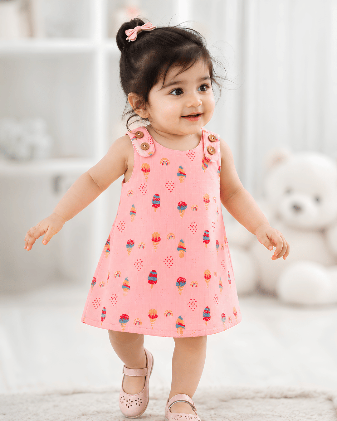 Todlerry Baby Girl Pink Ice Cream Print Cotton A-Line Dress with Shoulder Buttons