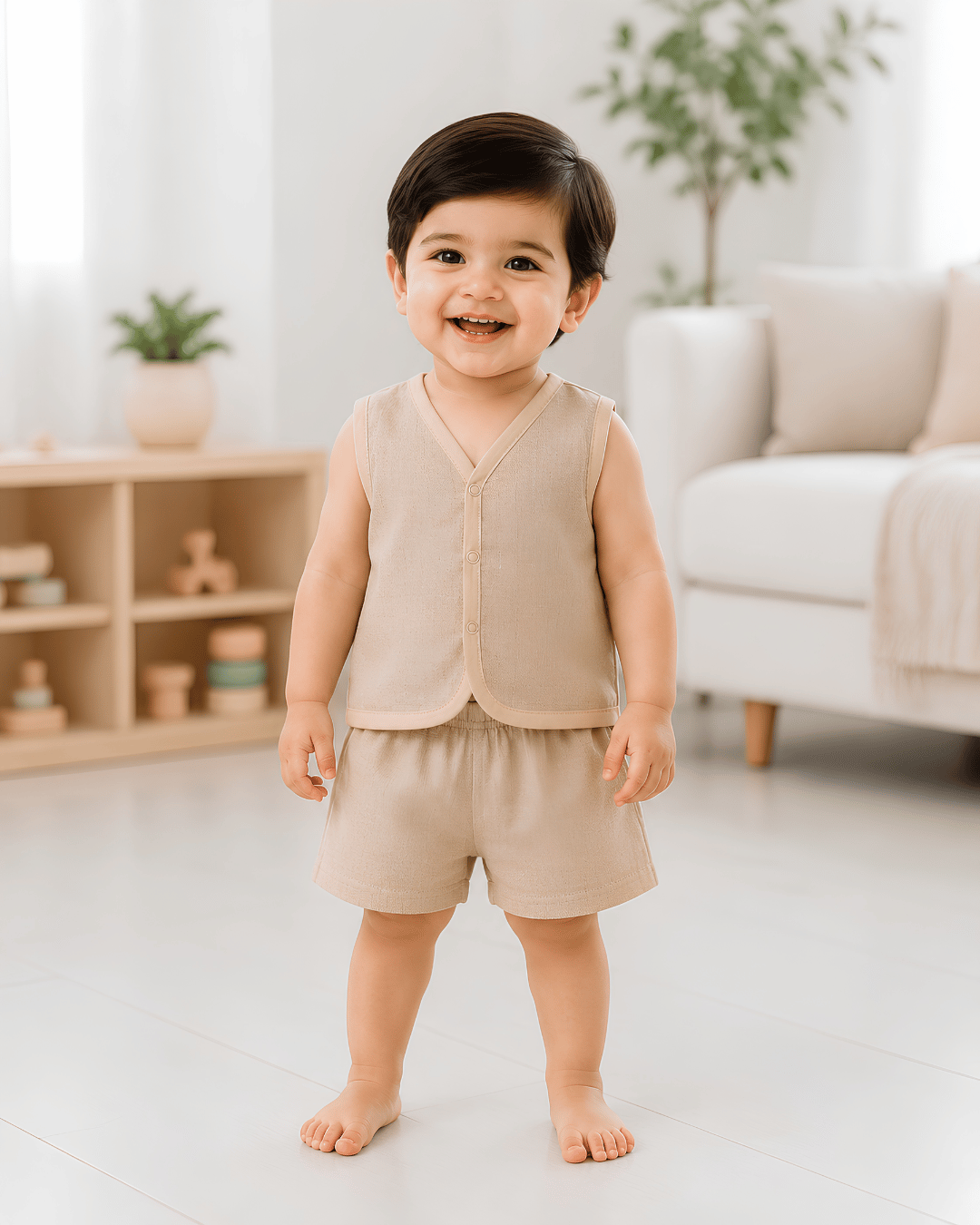 Soft Cotton Baby Apricot Colour Jhabla & Shorts Set