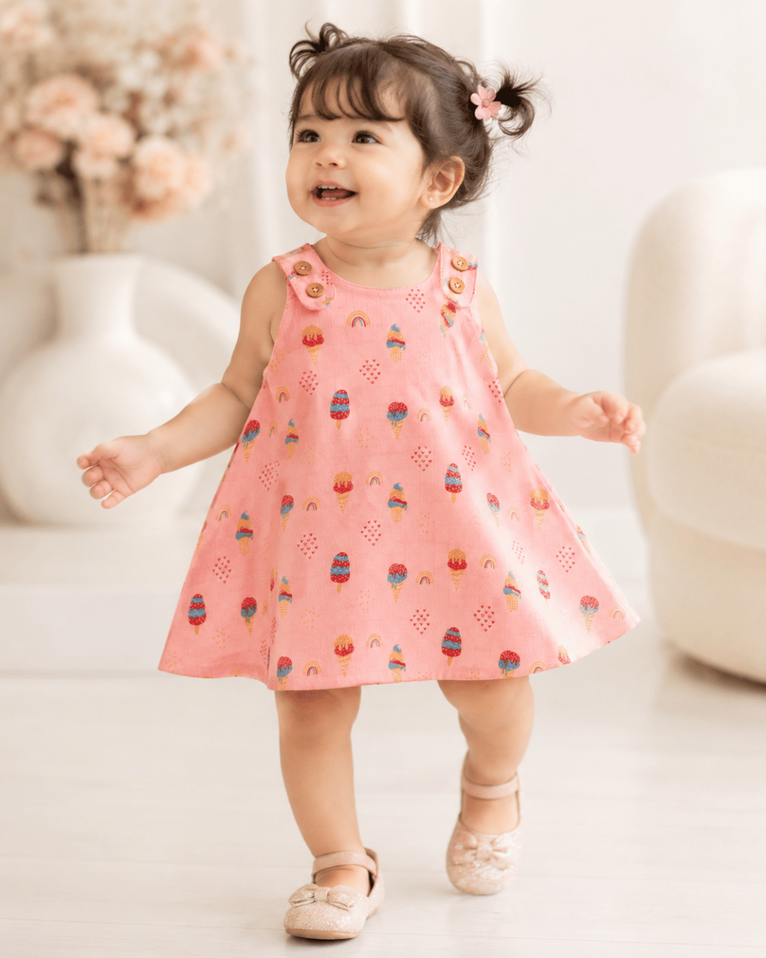 Todlerry Baby Girl Pink Ice Cream Print Cotton A-Line Dress with Shoulder Buttons