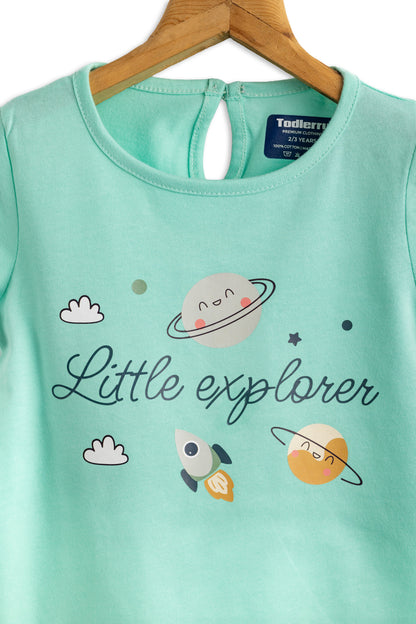 Girls Cotton T-Shirt Green Explore Print Soft & Breathable 100% Cotton