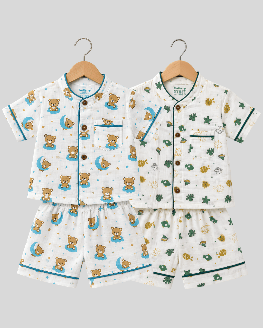 Todlerry Pure Cotton Kids Nightsuits - Pack of 2 Short Sleeve Sets for Boys & Girls