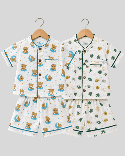 Todlerry Pure Cotton Kids Nightsuits - Pack of 2 Short Sleeve Sets for Boys & Girls