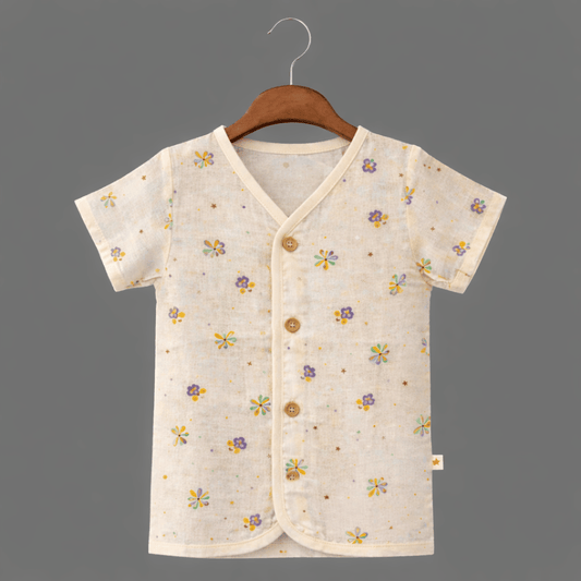 Unisex Comfy Cotton Daisy Petals Jhabla With Soft Short Sleeve Button-Up