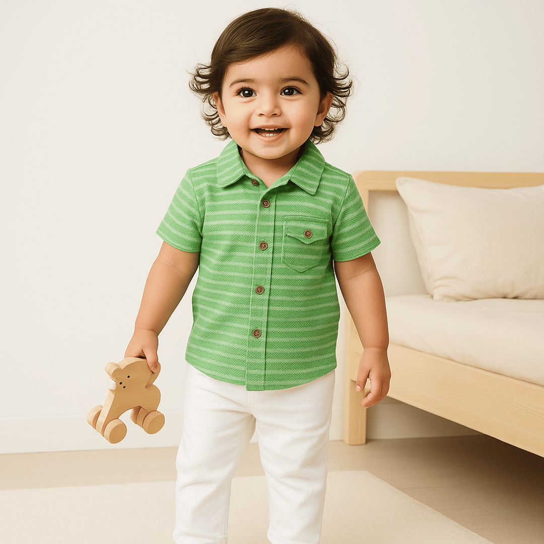 Boys Shirt Green Strips Soft & Breathable 100% Cotton