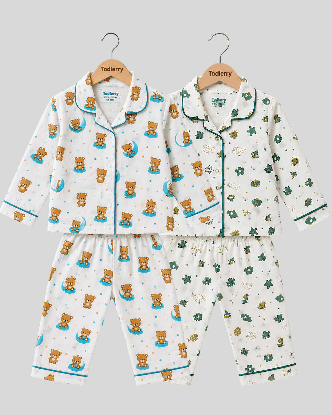 Todlerry Pure Cotton Kids Nightsuits - Pack of 2 Full Sleeve Sets for Boys & Girls