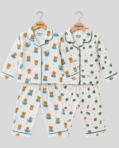 Todlerry Pure Cotton Kids Nightsuits - Pack of 2 Full Sleeve Sets for Boys & Girls