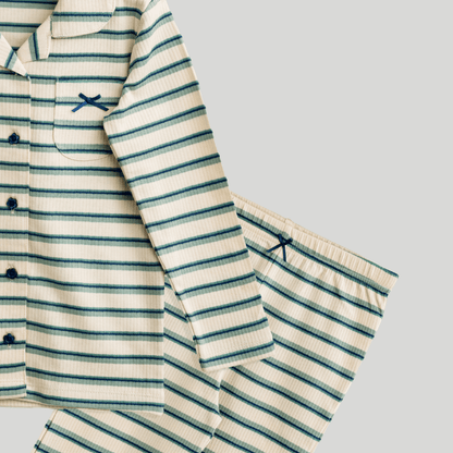 Todlerry Girls Night Suit | Green Strips print | Soft & Breathable | 100% Cotton