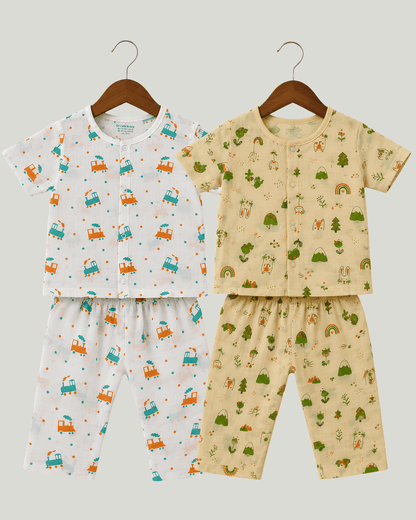 Cotton Kids Nightsuits - Pack of 2 Short Sleeve Sets for Boys & Girls