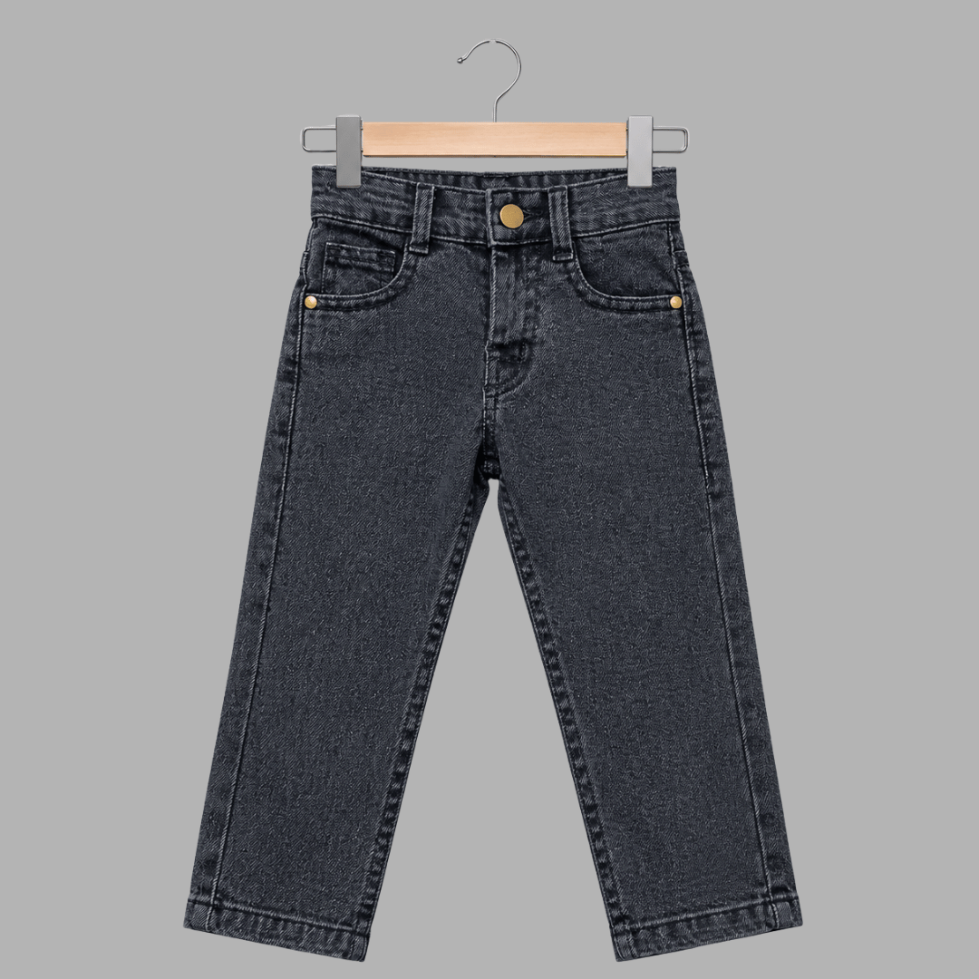 Kids Premium Stretch Straight-Fit Plain Black Denim Jeans