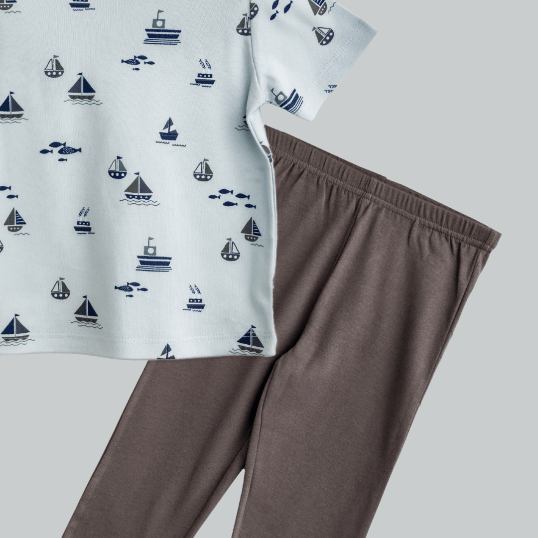 Unisex Pajama set Light blue Ship Print Soft & Breathable 100% Cotton