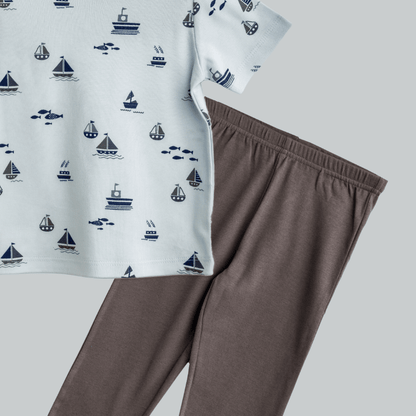 Unisex Pajama set Light blue Ship Print Soft & Breathable 100% Cotton