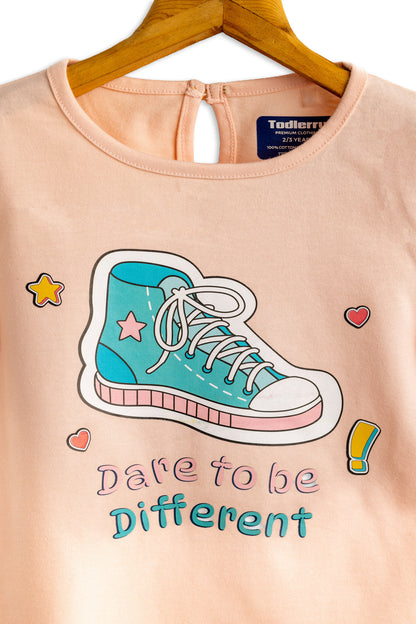 Girls Cotton T-Shirt Peach Shoe Print Soft & Breathable 100% Cotton