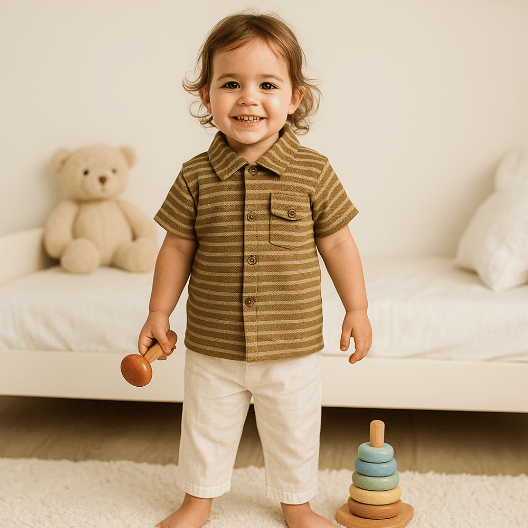 Boys Shirt Brown Strips Soft & Breathable 100% Cotton