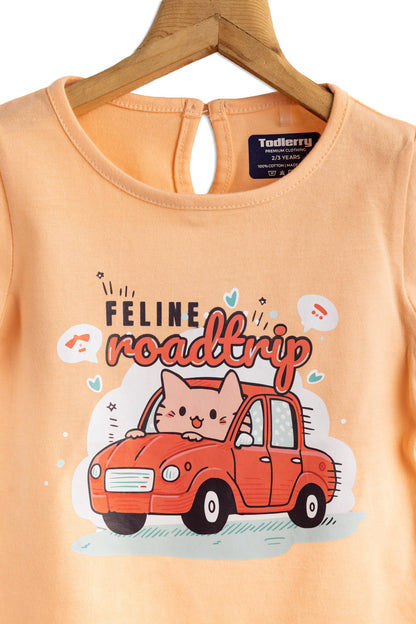 Girls Cotton T-Shirt Peach RoadTrip Print Soft & Breathable 100% Cotton