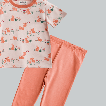 Unisex Pajama set Peach Bunny Print Soft & Breathable 100% Cotton