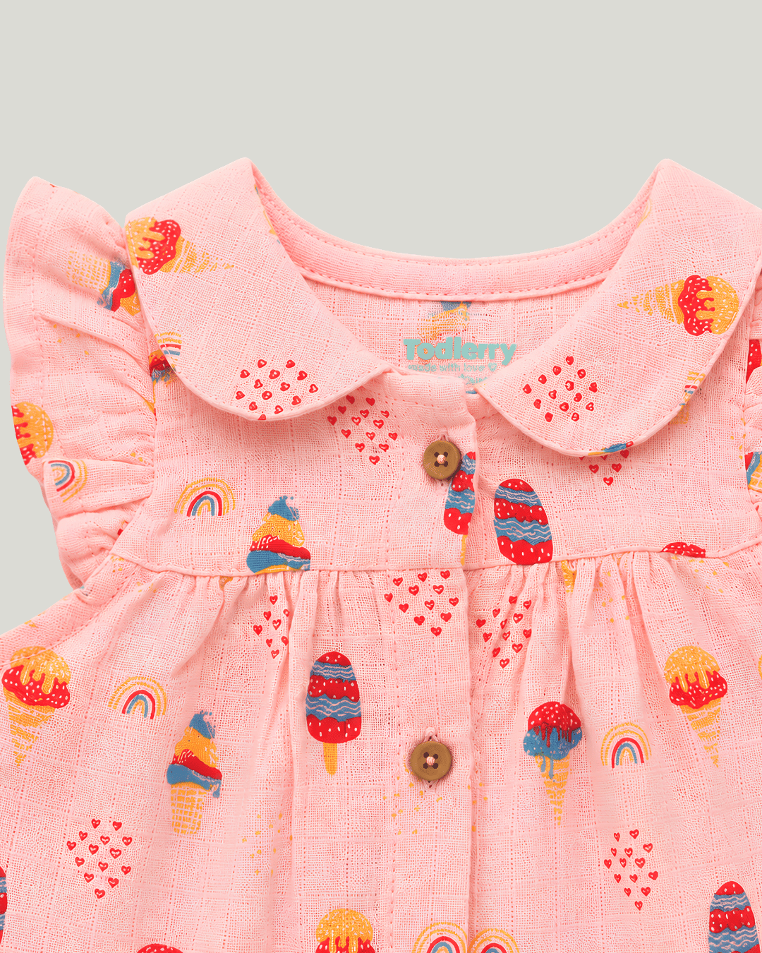 Todlerry Baby Girl Pink Ice Cream Print Cotton Collar Frock with Flutter Sleeves