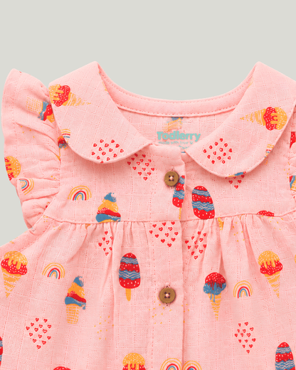 Todlerry Baby Girl Pink Ice Cream Print Cotton Collar Frock with Flutter Sleeves