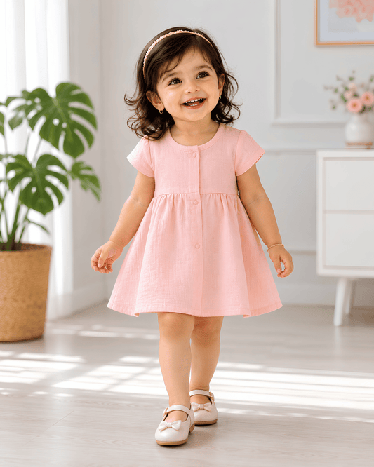 Premium Pink Muslin Half Sleeve Frock – 100% Organic Cotton Baby Dress
