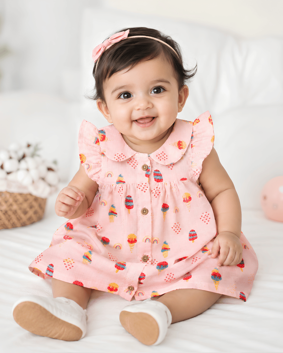Todlerry Baby Girl Pink Ice Cream Print Cotton Collar Frock with Flutter Sleeves