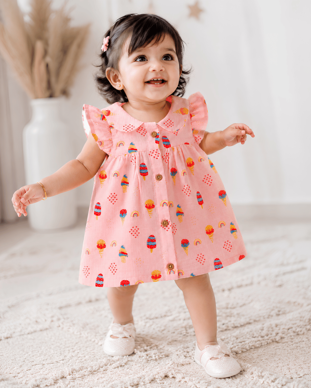 Todlerry Baby Girl Pink Ice Cream Print Cotton Collar Frock with Flutter Sleeves