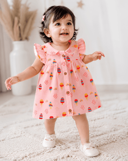 Todlerry Baby Girl Pink Ice Cream Print Cotton Collar Frock with Flutter Sleeves