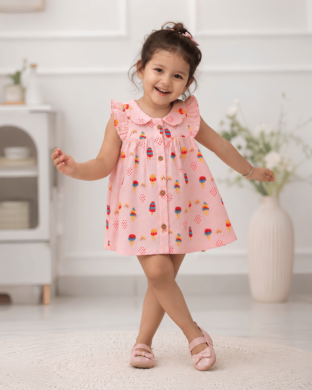 Todlerry Baby Girl Pink Ice Cream Print Cotton Collar Frock with Flutter Sleeves