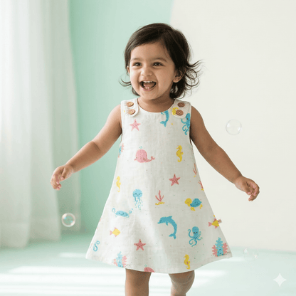Soft Cotton Sleeveless Frock with Cute Shoulder Buttons