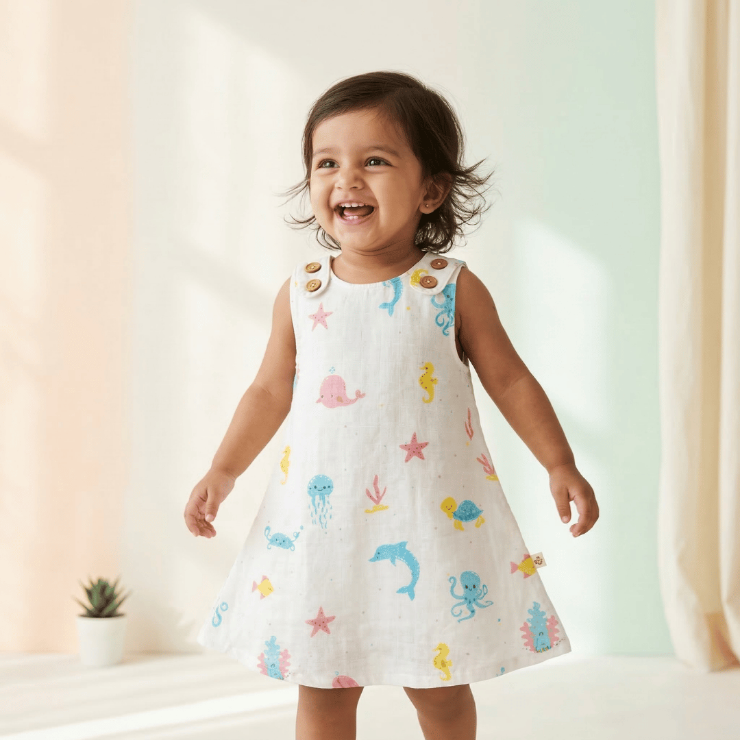 Soft Cotton Sleeveless Frock with Cute Shoulder Buttons