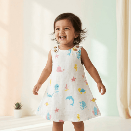 Soft Cotton Sleeveless Frock with Cute Shoulder Buttons