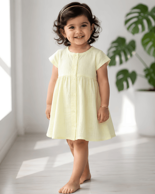 Premium Light Yellow Muslin Half Sleeve Frock – 100% Organic Cotton Baby Dress