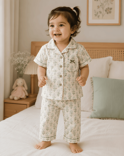 Todlerry Kids Cotton Floral Nightsuit Set – Short Sleeve Shirt and Pyjama Sleepwear