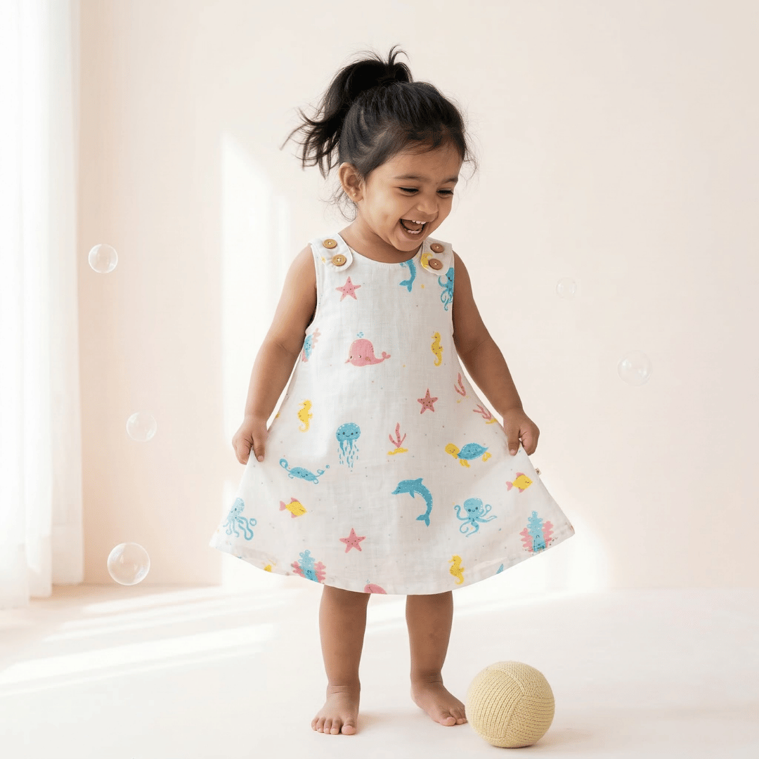 Soft Cotton Sleeveless Frock with Cute Shoulder Buttons