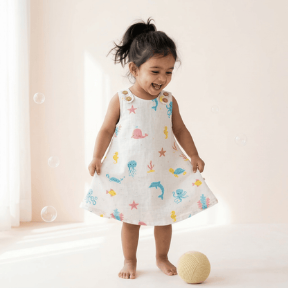 Soft Cotton Sleeveless Frock with Cute Shoulder Buttons