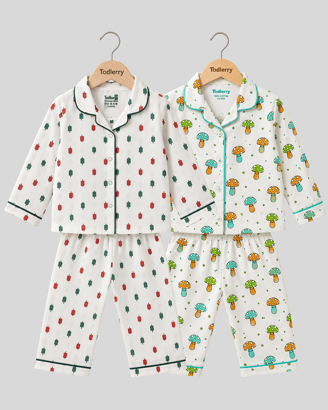 Todlerry Pure Cotton Kids Nightsuits - Pack of 2 Full Sleeve Sets for Boys & Girls