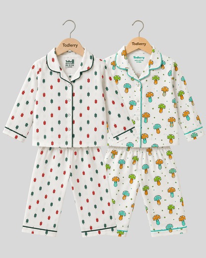 Todlerry Pure Cotton Kids Nightsuits - Pack of 2 Full Sleeve Sets for Boys & Girls