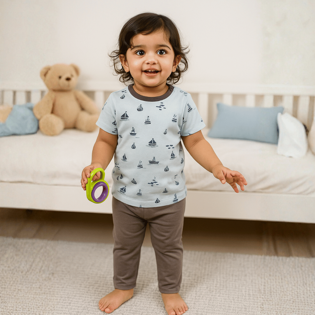 Unisex Pajama set Light blue Ship Print Soft & Breathable 100% Cotton