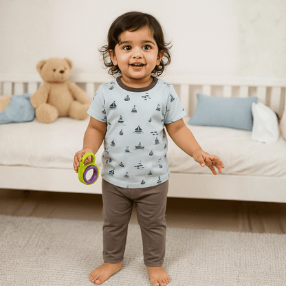 Unisex Pajama set Light blue Ship Print Soft & Breathable 100% Cotton