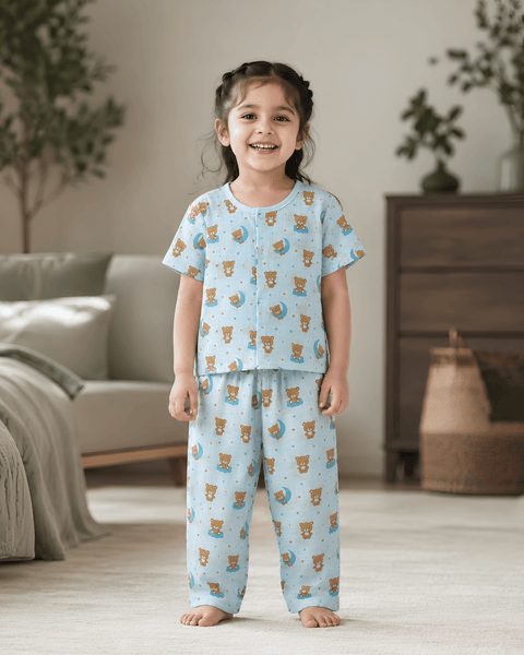 Kids Cotton Night Suit Set - Blue Teddy Bear Print Short Sleeve Pajama Set